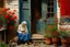 Placeholder: oil on roughened canvas, Textured Scumbling Technique, loose unstructured, Monet brush strokes. vintage feel. Old wooden Open housedoor with peeling paint, window next to door. An old woman with a curled sleeping cat beside her is sitting on an old tatty wooden bench. flowers, and pots. scruffy rundown pop hue of red