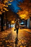 Placeholder: night yellow lights over the street trees autumn leaves under feet ,a Student adult girl with books in her bag walking in street back to camera