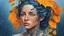 Placeholder: blue background, 18th century, portrait Woman 43 years old, rain, wind, autumn, leaves, splashes, tears, plants, yellow, blue, green, orange colors, bright, shower, drops, detailed, fine drawing, high detail, high resolution , 8K, rain, tattoo, city, rain