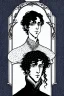 Placeholder: Black haired blue eyed freckled young male wizard in the style of aubrey beardsley