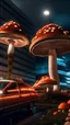 Placeholder: foto hiperrealista de hongos luminosos y brillantes que crecen sobre los autos y edificios. Bajo un cielo estrellado