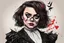 Placeholder: create a wild caricature of Maisie Williams as a savage, sullen, gothpunk vampire girl with highly detailed and refined facial features and hair, clothed in an ornate Gothic rags and fishnet stockings, in the caricature cartoon style of Gerald Scarfe and Ralph Steadman, precisely drawn, boldly inked, vividly colored, 4k