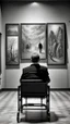 Placeholder: a rear view of a man sitting on a wheelchair facing a a surrealism picture on the wall ,