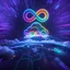 Placeholder: Colourful 3D glowing infinity symbol ∞, hovering above a colourful glowing cloud, network and lights coming from the cloud onto a futuristic map of the globe, inspiring, neon, glowing, friendly, beautiful, octane render, 8k post-production, artstation: award-winning: atmospheric: commanding: fantastical: clarity: 16k: ultra quality: striking: brilliance: liquid medium: stunning colors: amazing depth; lens: f/8, 28mm