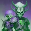 Placeholder: Demonio con armadura verde y negro y casco de calavera posando con un demonio joven de armadura morada y verde con cabellos blancos