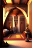 Placeholder: An Egyptian bedroom with arches, a big bed, cushions, rugs, lamps