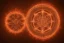 Placeholder: a fiery wheel with 100 eyes floating above the ground, a laser beam pentagram floating above the ground, celtic knot bronze floating, golden ratio, spring time, mushrooms, 8k, flickering light, centered, high-quality, fine-detail, digital art, detailed matte, volumetric lighting, illustration, 3D octane render