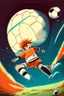 Placeholder: A person playing soccer in space scores a goal on Jupiter cartoon 2d