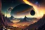 Placeholder: Alien landscape with exoplanet surrounded by rings in the sky, over the valley.