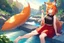 Placeholder: Girl, fox ears, one big fox tail, orange hair, red skirt, river, fox foot , sit on the shore, purple fox eyes, black T-shirt, fox paws hand