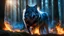 Placeholder: A royal flaming wolf emerging from a magical big forest, blue flames, front facing, portrait, closeup, dark, bokeh, dawn, god rays, highly detailed, highres, Cinematic, Cinemascope, astonishing, epic, gorgeous, ral-fluff