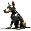 Placeholder: fullmetal robot doberman. He's sit and got head up and looking on something in sky.