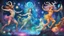 Placeholder: a line of creatures, all from the same species, immersed in a trippy, mind-bending realm. From left to right, the faun dances in swirling colors, a female faun shimmers ethereal. Male satyr pulsates with surreal energy, female satyr glows dream-like. Centaur radiates cosmic wisdom, ethereal female counterpart transcends reality. Male minotaur adorned with shifting patterns, female counterpart mesmerizes. Each creature in the line, a surreal interpretation of the faun, satyr, centaur, and minotau