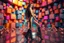Placeholder: beautiful full body with long boots lady in surreal stage made of fractal random size spheres with helical strip colors in clothing similar to environment full body posing to camera,animating background metallic random color cubes