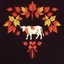 Placeholder: an autumn colored textured cloth embroidered ornamental leaves and cattle, pointed bottom, on dark background, Canadian western cowboy style