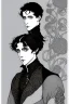 Placeholder: Black haired blue eyed freckled young male warlock in the style of aubrey beardsley