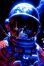 Placeholder: A close up of a skeleton face looking shocked, in an astronaut helmet and suit floating in space. inside the hollow eyes are red shining lights, scary. On his suit is an American flag and in his one hand is a small wavering American flag, on it is written "boned in the USA". From the back of his suit is blowing out blue, white and red smoke. Realistic, 8k, highly detailed, funny