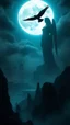 Placeholder: A giant statue of Atlantis , a city with big buildings . A mystical scene with ethereal light illuminating a dark landscape filled with shadows and whispers.a big full moon. Black bird flying in a circles