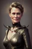 Placeholder: Robin Wright as evil queen in black leather, busty, cleavage, curvy, Claire Underwood, angry, stern look. character design by cory loftis, fenghua zhong, ryohei hase, ismail inceoglu and ruan jia. unreal engine 5, artistic lighting, highly detailed, photorealistic, fantasy