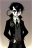 Placeholder: black haired black eyed young man necromancer steampunk goth hobbit with gothic jewelry and pet black rat in the style of Charles Addams
