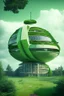 Placeholder: A building in the form of a satellite dish and green spaces