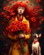 Placeholder: Create a moving illustration of a red girl wearing a yellow coat holding a bouquet of red poppies, standing peacefully, head leaning upward. A Oriental shorthair Siamese chocolate point cat with a red heart-shaped collar sits at her feet, looking up adoredly. Use a dark, textured background to accentuate the heat of the subjects. Emphasize a calm and introspective atmosphere. HD