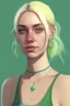 Placeholder: Realistic young woman, neck length white blonde hair in a half ponytail, pale skin, light blue eyes, freckles, big boobs, big green earrings, green and gold necklace, green tank-top with blue overalls on top, grey plant tattoo on arm