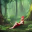 Placeholder: a slender elf woman relaxing in a fantasy forest at sunset