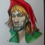 Placeholder: dungeons and dragons, elf, pointy ears, wizard, magician's robe, wizard hat, portrait, face, watercolour, large strokes