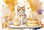 Placeholder: beautiful composition, cat birthday party with cake, watercolor and ink, golden glitters in ochre in sunshine