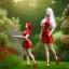 Placeholder: young lady walk in garden with red shirt and white hair