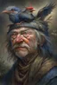 Placeholder: a painting of an old man with a bird on his head, a character portrait by Wendy Froud, cgsociety, fantasy art, storybook illustration, grotesque, detailed painting