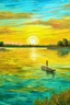 Placeholder: paisaje de la laguna setubal, al atardecer, aguas tranquilas pintadas por técnicas del impresionismo con una persona haciendo Stand up con su tabla en el medio de la laguna pintado por Van Gogh