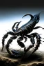 Placeholder: Black emperor Scorpio emblem on a burning landscape background With its Tail curled up behind his back ready to strike and from claws grasping under a storming sky with blue lightening striking around it