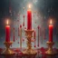 Placeholder: Red candles on a gold candlestick, dripping wax. Illustrative art, art interpretation, concept art, cgsociety contest winner, seasonal art, seasonal art HD, 4k, 8k, intricate, detailed, intricately detailed, luminous, translucent fantasy crystal, holographic data, soft body, shadow play, light, fog, atmospheric, cinematic, light film, hyper-detailed, hyper-realistic, masterpiece, atmospheric, high resolution, 8k, HDR, 500px, mysterious and artistic digital art, phototic, intricate, f