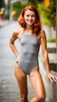 Placeholder: beautiful girl, age 18, full body shot, short grey triathlon swimsuit, short wavy bob haircut, red hair, photographed on the sidewalk