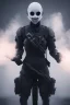 Placeholder: All Black female british soldier, ghost, wearing high tech mask, white smoke, dark, rage, sorrow, high definition, ultra 8 k, volumetric lighting, blue fire, fog