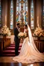 Placeholder: "Picture a timeless moment inside a majestic, sunlit church where a radiant bride and her dashing groom are standing at the altar. The bride is resplendent in her white wedding gown, adorned with intricate lace and a flowing train that cascades gracefully behind her. She holds a bouquet of fragrant, pastel-hued flowers, her eyes shimmering with happiness and anticipation. The groom, in a classic black tuxedo, stands beside her, wearing a warm, proud smile. The church is bathed in soft, golden li