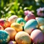 Placeholder: A hyperrealistic 8K resolution photograph, 16:9 aspect ratio, depicting a meticulously arranged cluster of Easter eggs bathed in soft, diffused natural light filtering through a sun-drenched garden. The eggs, flawlessly smooth with glossy surfaces, reflect light with subtle highlights and deep shadows, showcasing a vibrant symphony of azure, emerald, ruby, golden yellow, and blush pink. Intricate patterns adorn each egg: delicate floral motifs in pastel hues, abstract swirls in iridescent gold,