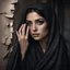 Placeholder: Hyper Realistic Young-Beautiful-Pashto-Woman-With-Beautiful-Eyes in black shawl peeking-half-faced with beautiful hands-&-nails behind a cracked-wall at night with dramatic & cinematic ambiance