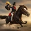 Placeholder: l /imagine photo-realistic Pepe riding a galloping stallion, holding an overflowing bag of bitcoins, being chased by a female hamburglar