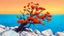 Placeholder: an orange colored-flowered tree with twisted branches, its orange color blooms contrasting a smooth, vibrant blue sea. set against a base of rugged white marble rocks with red streaks. The sky is a soft sunset, drawn with bold lines and a cel-shaded technique to emphasize the striking color contrast.