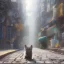 Placeholder: pixar style, volumetric New York City alley with steel garbage can environment and background, realistic painting of a cute Munchkin black kitten on the ground, looking excited, detailed digital painting, extreme dense and fine fur, anime, ornate, colour-washed colors, elegant, small minutiae, particulars, centered, smooth, sharp focus, renderman gofur render, 8k, uhd, detailed eyes, realistic shaded volumetric lighting