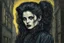 Placeholder: create full body oil pastel of a dark haired, savage, gothpunk vampire girl with highly detailed , sharply defined hair and facial features , in the darkened streets of Victorian London, in the style of JEAN-FRANCOIS MILLET