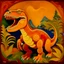 Placeholder: A salmon orange colored earth elemental Tyrannosaurus Rex designed in Australian aboriginal art painted by Thomas Hart Benton