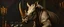 Placeholder: portrait painted by Rembrandt, stupid looking furry dragon rhino at banquet