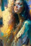 Placeholder: A bohemian artist with long, wavy, ombre hair and expressive, hazel eyes, wearing a paint-splattered smock and surrounded by her colorful, abstract artwork in a sunlit studio, in the style of Aleksi Briclot, Charlie Bowater, Dean Cornwell, and Pino Daeni