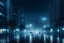Placeholder: A city in the future is at night and it's raining and it's foggy.