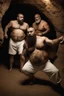 Placeholder: full figure shot photography of two chubby stocky arabs prisoners fighting close, 49 years old in white boxer and dirty tank top, short hair, beard, hairy, sweat, tattoo, in a dark cave, ugly, bullneck, muscular, manly chest, manly arms, emotive eyes, photorealistic, ultradetailed, 32k, ambient occlusion, lit by bonfire, misery and poverty, side view from below