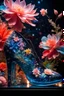 Placeholder: a close up of a glass shoe on a display, inspired by David LaChapelle, glass flowers, high quality product image , coral reef, flora and fauna, cosmic nebula, dark background christian dior style, with frozen flowers around her, stunning-design, beutifull, side profile artwork, glass paint, multicoloured, displayed, backlight